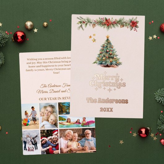 メリークリスマスツリー写真年レビューバラ金ゴールド 箔シーズンカード