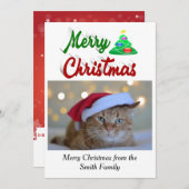 メリークリスマスツリー写真赤い緑のスクリプト シーズンカード (正面/裏面)