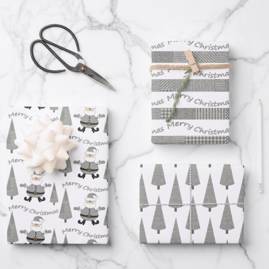 メリークリスマスツリー千鳥格子のサンタパターン ラッピングペーパーシート (正面)