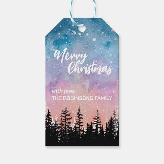メリークリスマスツリー夜のグラデーションスクリプトフォレスト ギフトタグ (正面)