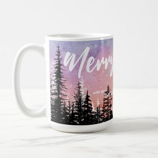 メリークリスマスツリー夜のグラデーションスクリプトフォレスト コーヒーマグカップ (左)