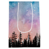 メリークリスマスツリー夜のグラデーションスクリプトフォレスト ミディアムペーパーバッグ (裏面)
