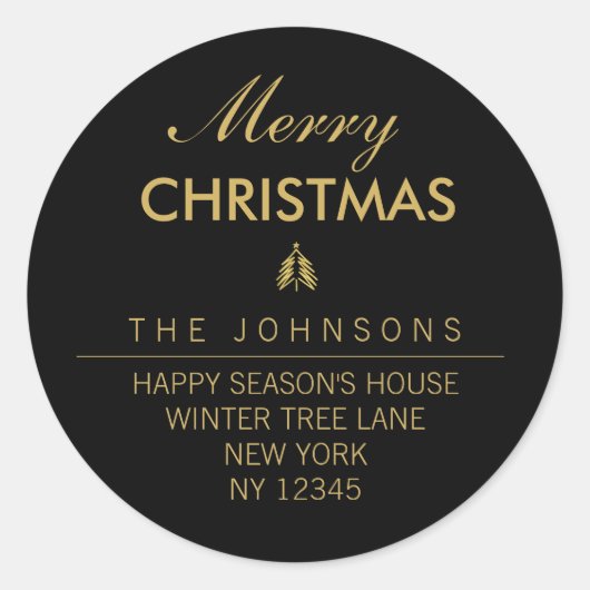 メリークリスマスツリー差出人住所ラベル – ブラック ラウンドシール (正面)