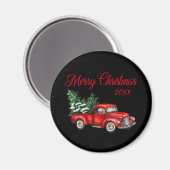 メリークリスマスツリー年ヴィンテージレッドトラックブラック マグネット (正面/裏面)