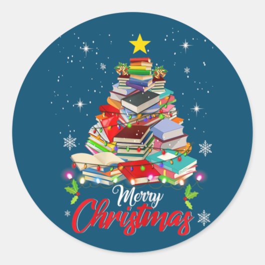 メリークリスマスツリー愛読の書籍司書 ラウンドシール (正面)