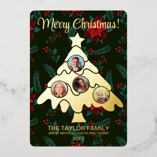 メリークリスマスツリー挿入フォトファミリーフレームFoi 箔シーズンカード (正面)