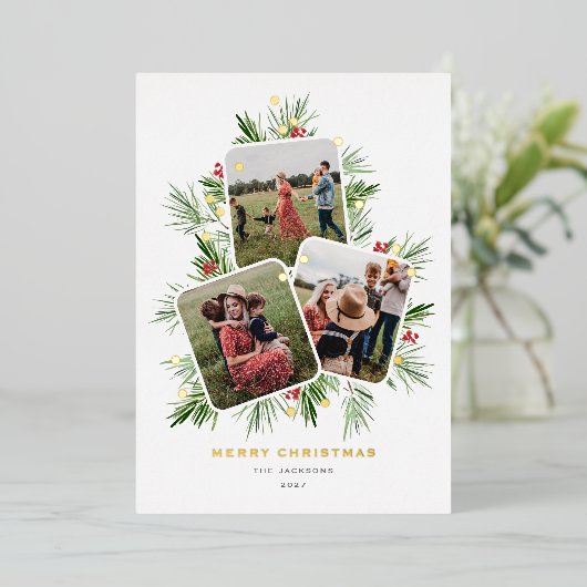 メリークリスマスツリー数々の写真 箔シーズンカード (立ち正面)