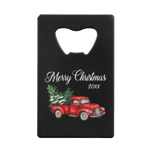 メリークリスマスツリー日付ヴィンテージレッドトラックブラック クレジットカード栓抜き (正面)