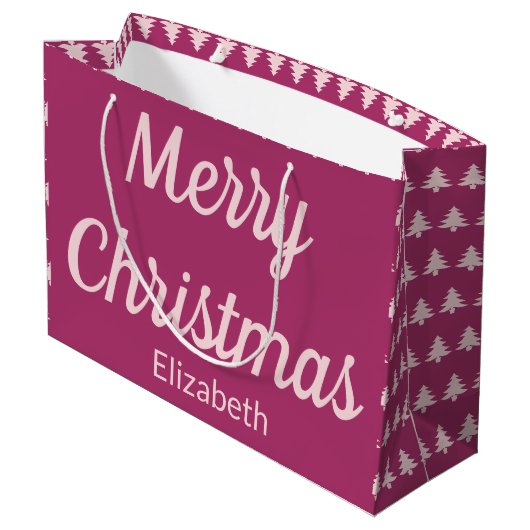 メリークリスマスツリー深いピンク淡い色のとピンク名 ラージペーパーバッグ (裏面アングル)