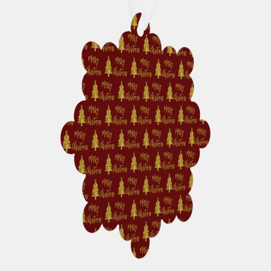 メリークリスマスツリー深い赤と金ゴールドスクリプト オーナメントカード (右)