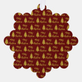 メリークリスマスツリー深い赤と金ゴールドスクリプト オーナメントカード (正面)