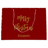 メリークリスマスツリー深い赤と金ゴールド名文字 ラージペーパーバッグ (正面)