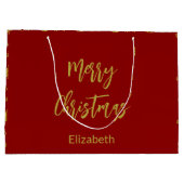 メリークリスマスツリー深い赤と金ゴールド名文字 ラージペーパーバッグ (裏面)