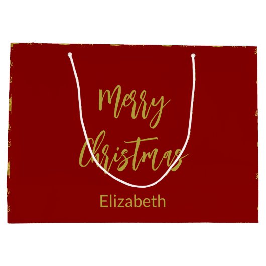 メリークリスマスツリー深い赤と金ゴールド名文字 ラージペーパーバッグ (裏面)