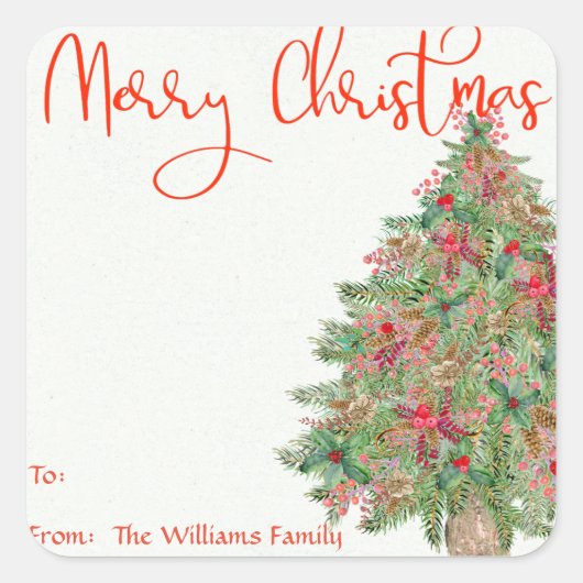 メリークリスマスツリー素朴ギフトラベルシールのラベル スクエアシール (正面)