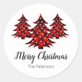 メリークリスマスツリー素朴レッドプレイドカスタム ラウンドシール (正面)