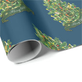 メリークリスマスツリー素朴ヴィンテージクラシックブルー ラッピングペーパー (ロールコーナー)