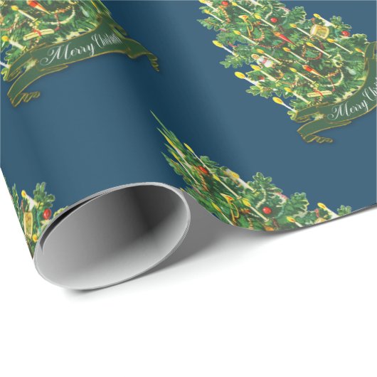 メリークリスマスツリー素朴ヴィンテージクラシックブルー ラッピングペーパー (ロールコーナー)