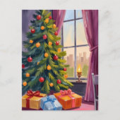 メリークリスマスツリー絵を描ホリデーズカード シーズンポストカード (正面)