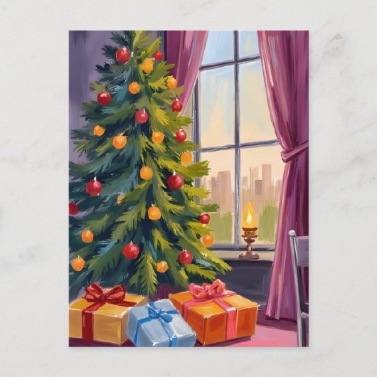 メリークリスマスツリー絵を描ホリデーズカード シーズンポストカード (正面)