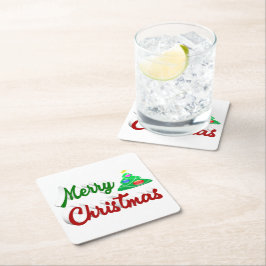 メリークリスマスツリー赤い緑のスクリプト スクエアペーパーコースター
