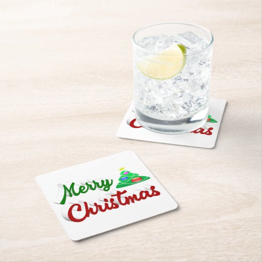 メリークリスマスツリー赤い緑のスクリプト スクエアペーパーコースター (インサイチュ)