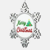 メリークリスマスツリー赤い緑のスクリプト スノーフレークピューターオーナメント (右)
