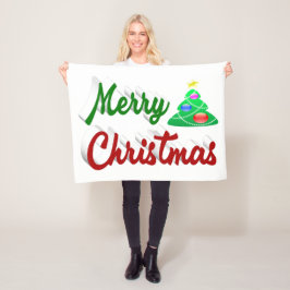 メリークリスマスツリー赤い緑のスクリプト フリースブランケット
