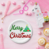 メリークリスマスツリー赤い緑のスクリプト ペーパープレート (パーティー)