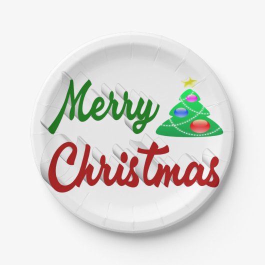 メリークリスマスツリー赤い緑のスクリプト ペーパープレート (正面)