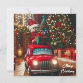 メリークリスマスツリー赤い車が贈り物を運ぶ シーズンカード (正面)