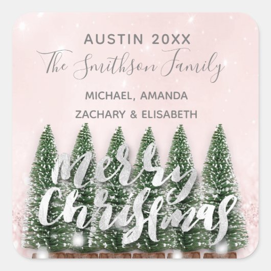 メリークリスマスツリー金ゴールドピンク冬ライトスノー スクエアシール (正面)