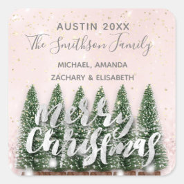 メリークリスマスツリー金ゴールドピンク冬ライトスノー スクエアシール
