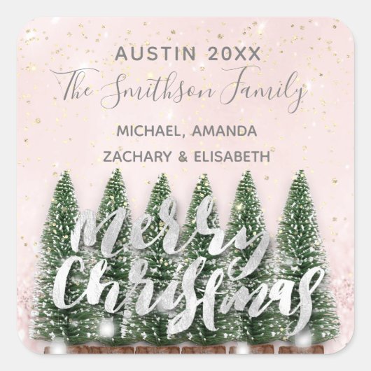 メリークリスマスツリー金ゴールドピンク冬ライトスノー スクエアシール (正面)