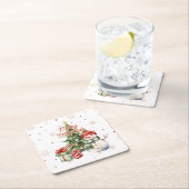 メリークリスマスツリー雪だるまとプレゼント スクエアペーパーコースター (インサイチュ)