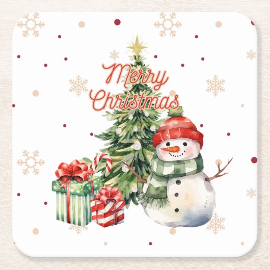 メリークリスマスツリー雪だるまとプレゼント スクエアペーパーコースター (正面)