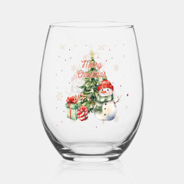 メリークリスマスツリー雪だるまとプレゼント ステムなしワイングラス