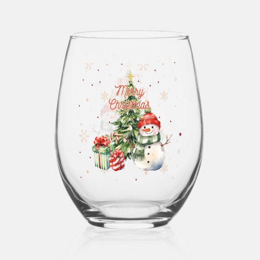 メリークリスマスツリー雪だるまとプレゼント ステムなしワイングラス (正面)