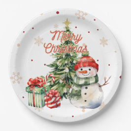 メリークリスマスツリー雪だるまとプレゼント ペーパープレート