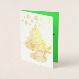 メリークリスマスツリー雪だるまと雪片 箔カード