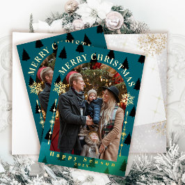 メリークリスマスツリー雪フレークティール（緑がかった色）写真 箔グリーティングカード