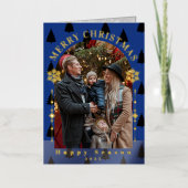 メリークリスマスツリー雪フレーク海の青の写真 箔グリーティングカード (正面)