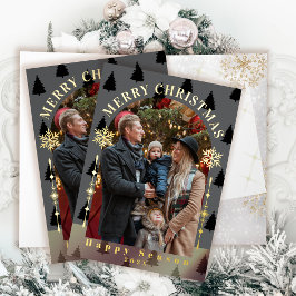 メリークリスマスツリー雪フレーク灰色の写真 箔グリーティングカード