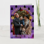 メリークリスマスツリー雪フレーク紫の写真 箔グリーティングカード (正面)