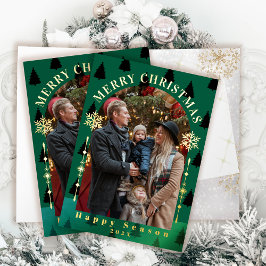 メリークリスマスツリー雪フレーク緑の写真 箔グリーティングカード