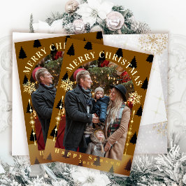 メリークリスマスツリー雪フレーク茶色の写真 箔グリーティングカード