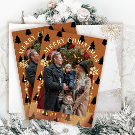 メリークリスマスツリー雪フレーク薄茶色の写真 箔グリーティングカード