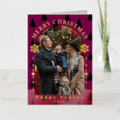 メリークリスマスツリー雪フレーク赤い写真 箔グリーティングカード (正面)