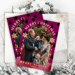 メリークリスマスツリー雪フレーク赤い写真 箔グリーティングカード