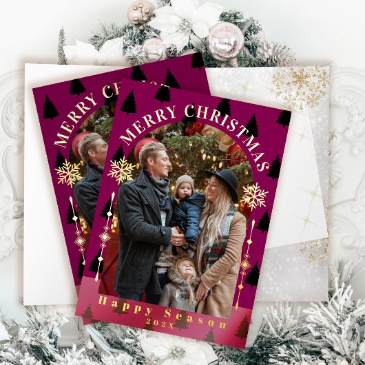 メリークリスマスツリー雪フレーク赤い写真 箔グリーティングカード